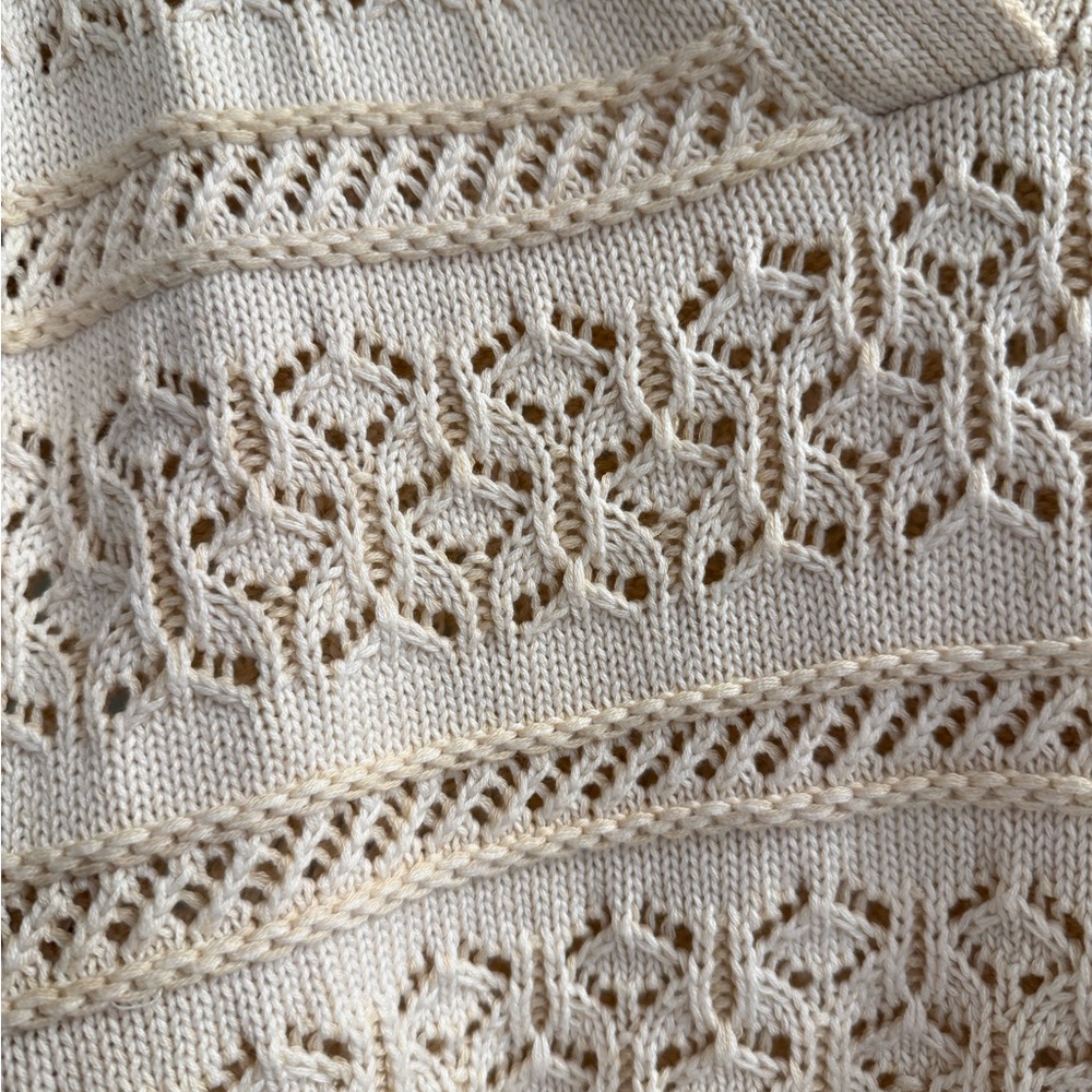 Saks Crochet Pointelle Knit Short Sleeve Sweater Crop Top Polo Shirt Cream White - Picture 4 of 6